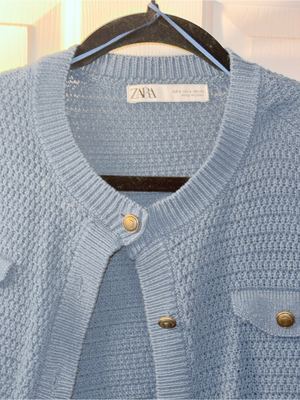 ZARA Powder Blue Textured Knit Cardigan with Gold Buttons